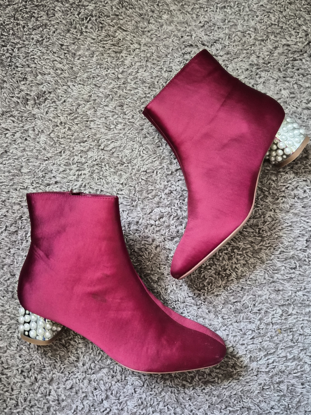 Women’s Satin Burgundy Ankle Boots with Pearl-Embellished Heel